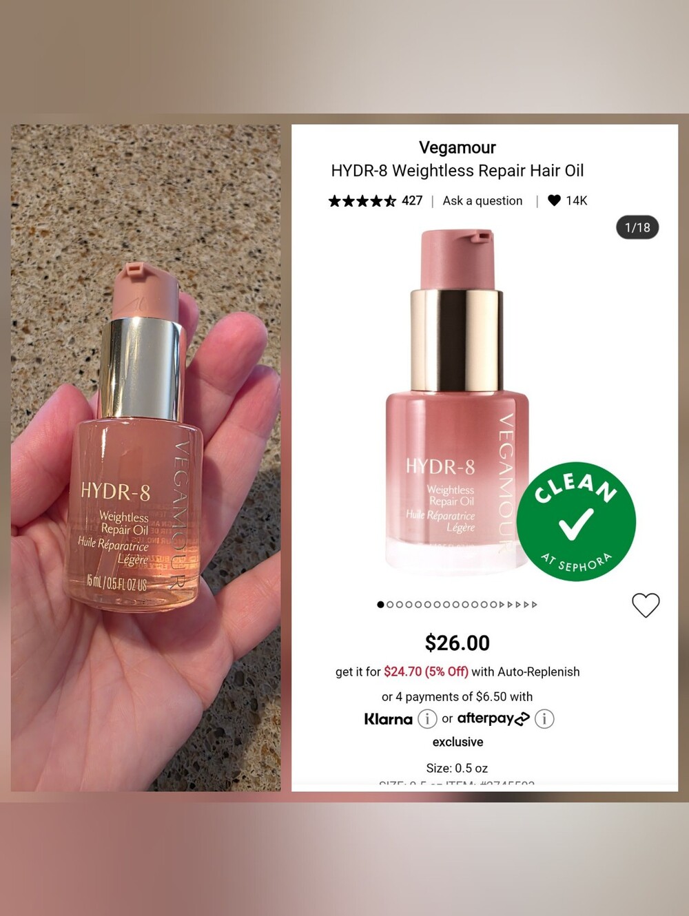 Vegamour HYDR-8 Weightless Repair Hair Oil 15ml